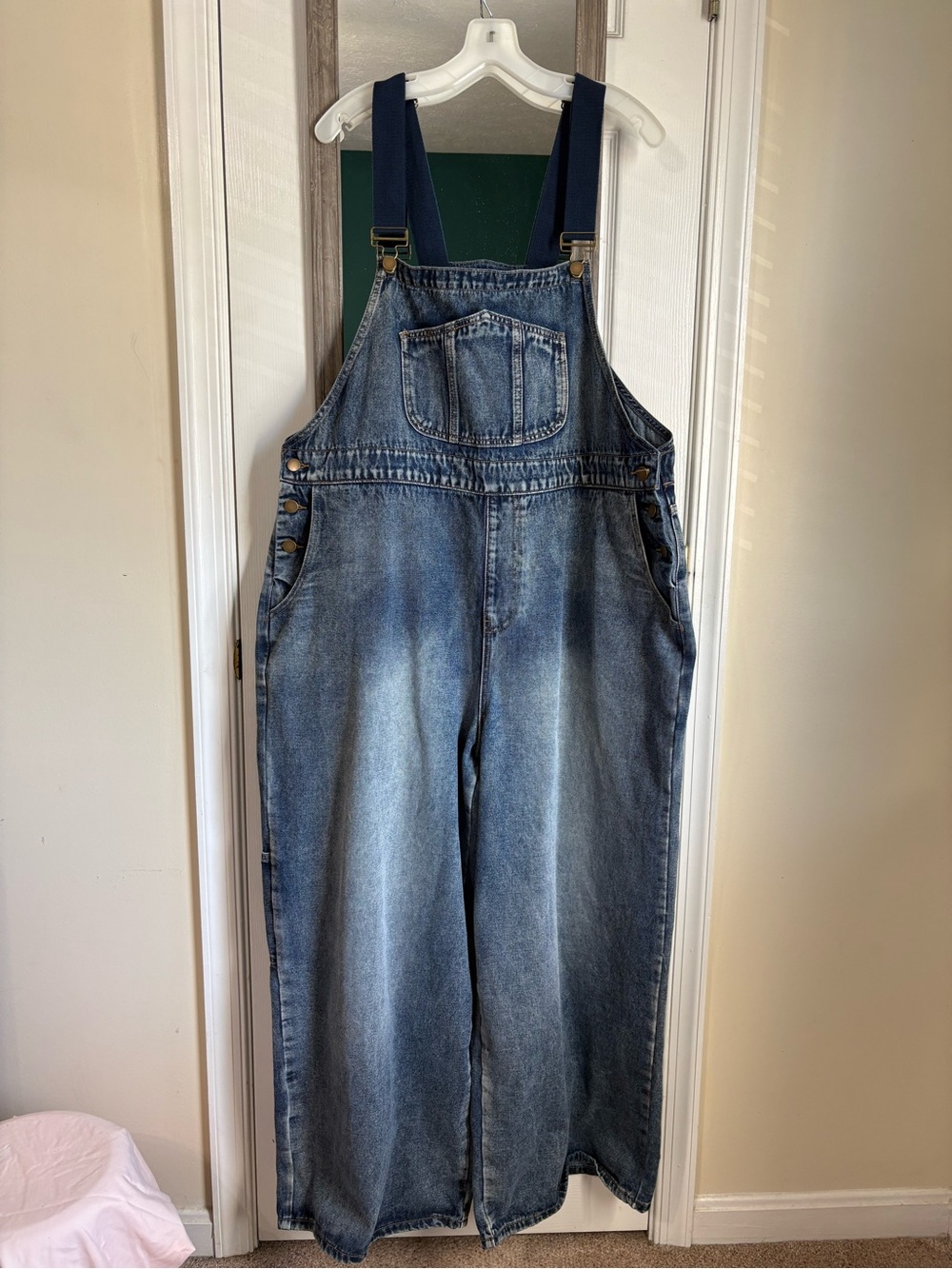 Cider Wide-Leg Denim Overalls in Faded Blue with Navy Straps